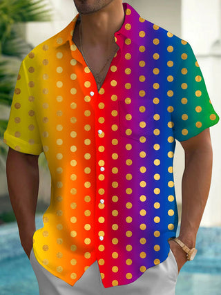 Adaychic Men's Geometric Gradient Gold Polka Dot Print Short Sleeve Button Down Shirt with Chest Pocket