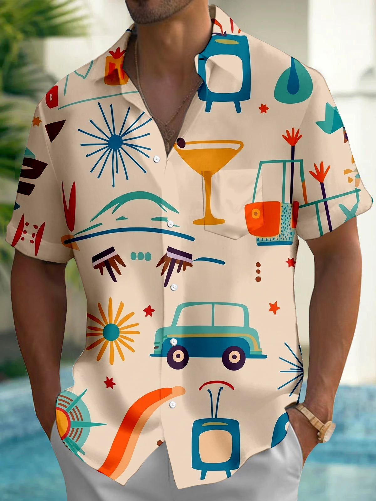 Vintage Mid-Century Car Cocktail Geometric Graffiti Men's Pocket Short Sleeve Shirts