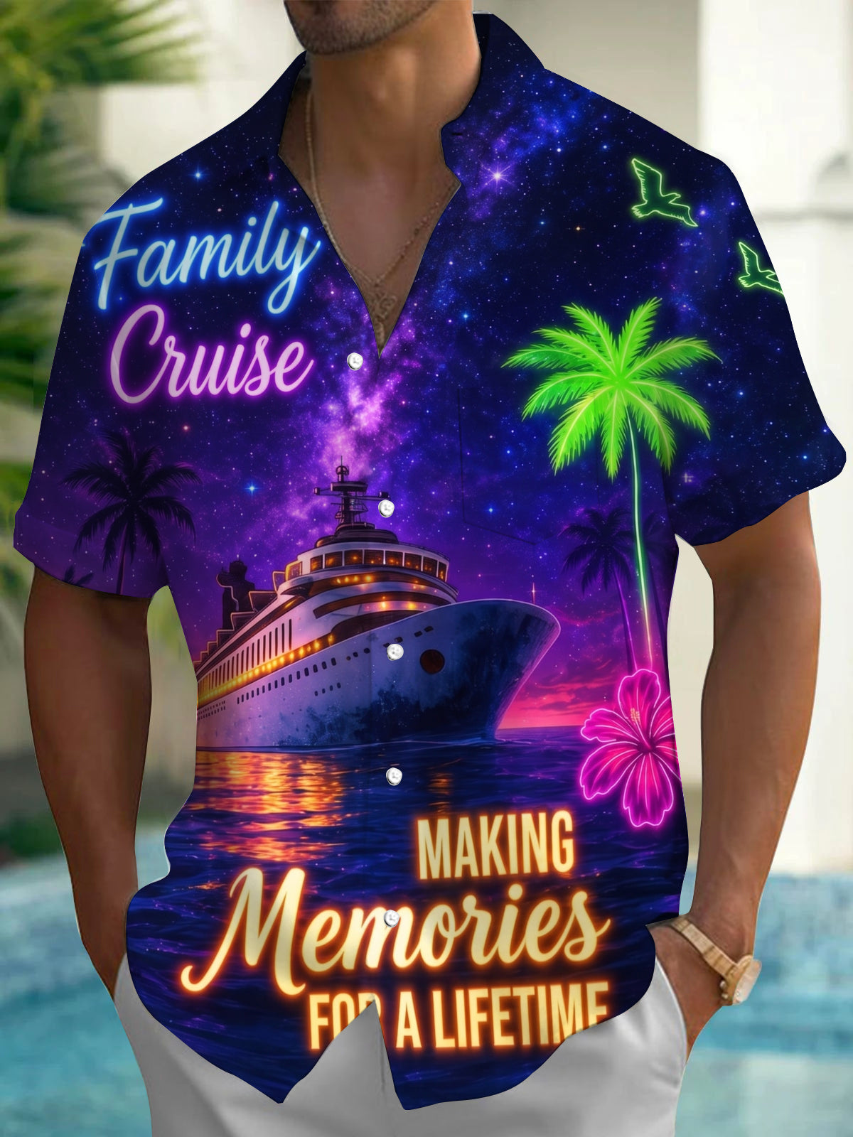 Hawaiian Starry Sky Cruise Neon Family Cruise Coconut Tree Vacation Men's Pocket Short Sleeve Shirts