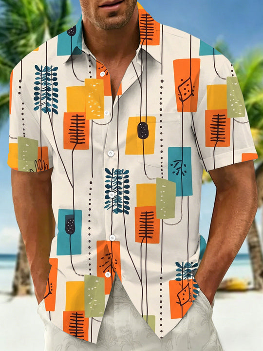 Vintage Colorful Macaron Color Block Plant Line Geometric Men's Pocket Short Sleeve Shirts