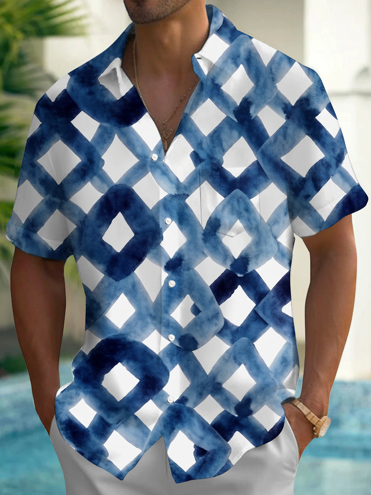 Art Watercolor Tie-Dye Blue White Diamond Lattice Geometric Men's Pocket Short Sleeve Shirts