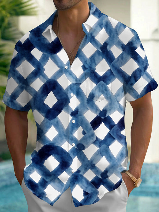 Art Watercolor Tie-Dye Blue White Diamond Lattice Geometric Men's Pocket Short Sleeve Shirts