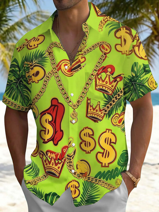Fun Hip Hop Gold Chain Dollar Crown Palm Leaf Men's Pocket Short Sleeve Shirts