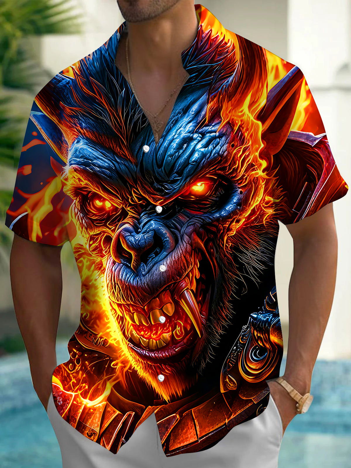 Dark Flame Fierce Gorilla 3D Wild Animal Men's Pocket Short Sleeve Shirts