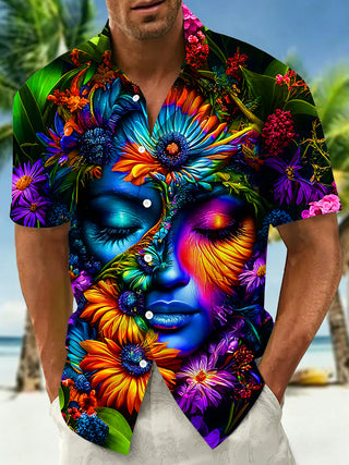 Adaychic Men's Floral Face Graphic Print Short Sleeve Button Down Shirt with Chest Pocket