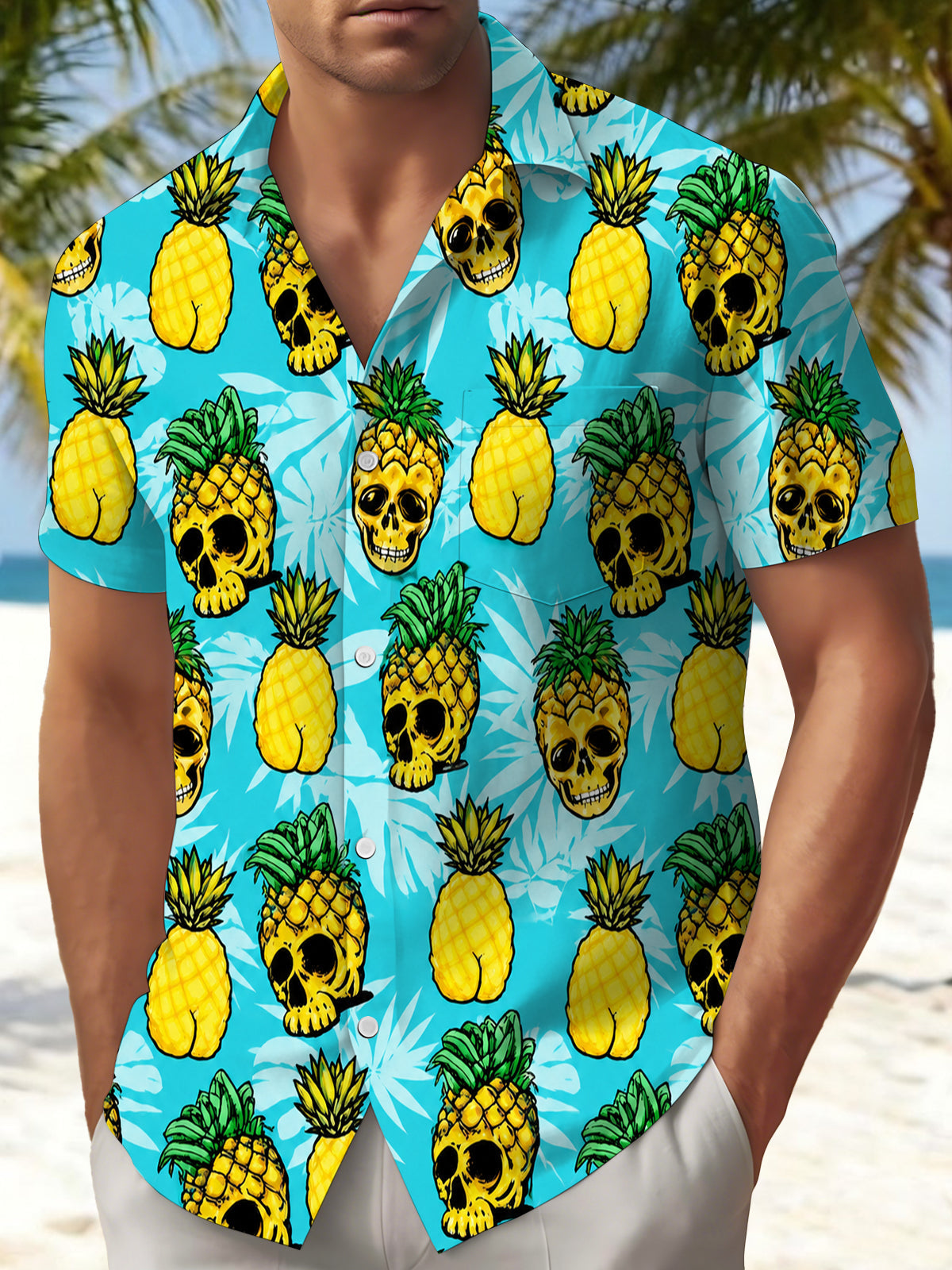 Fun Hawaiian Pineapple Skull Tropical Palm Men's Pocket Short Sleeve Shirts