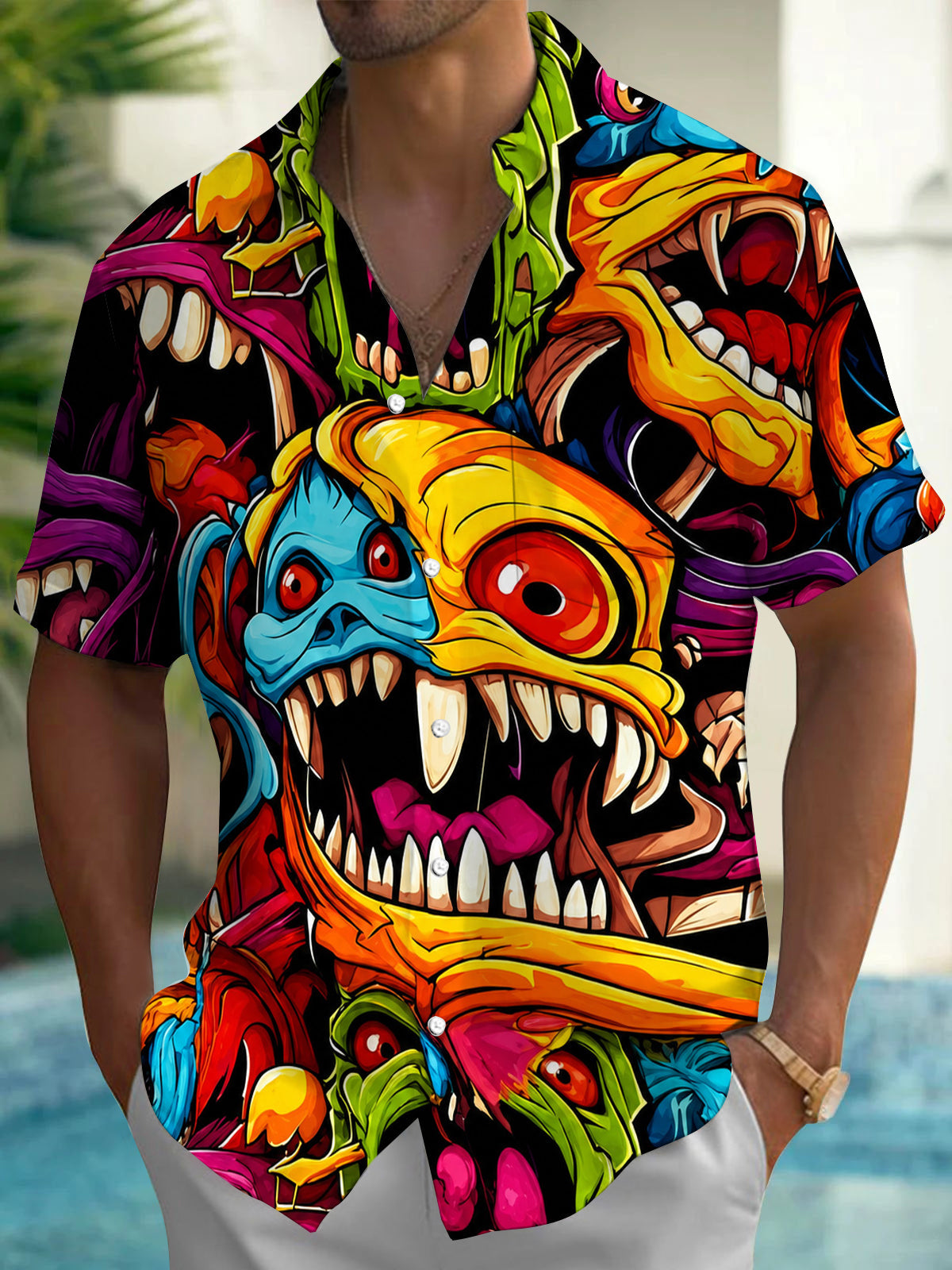 Fun Abstract Streetwear Colorful Graffiti Fanged Monster Men's Pocket Short Sleeve Shirts