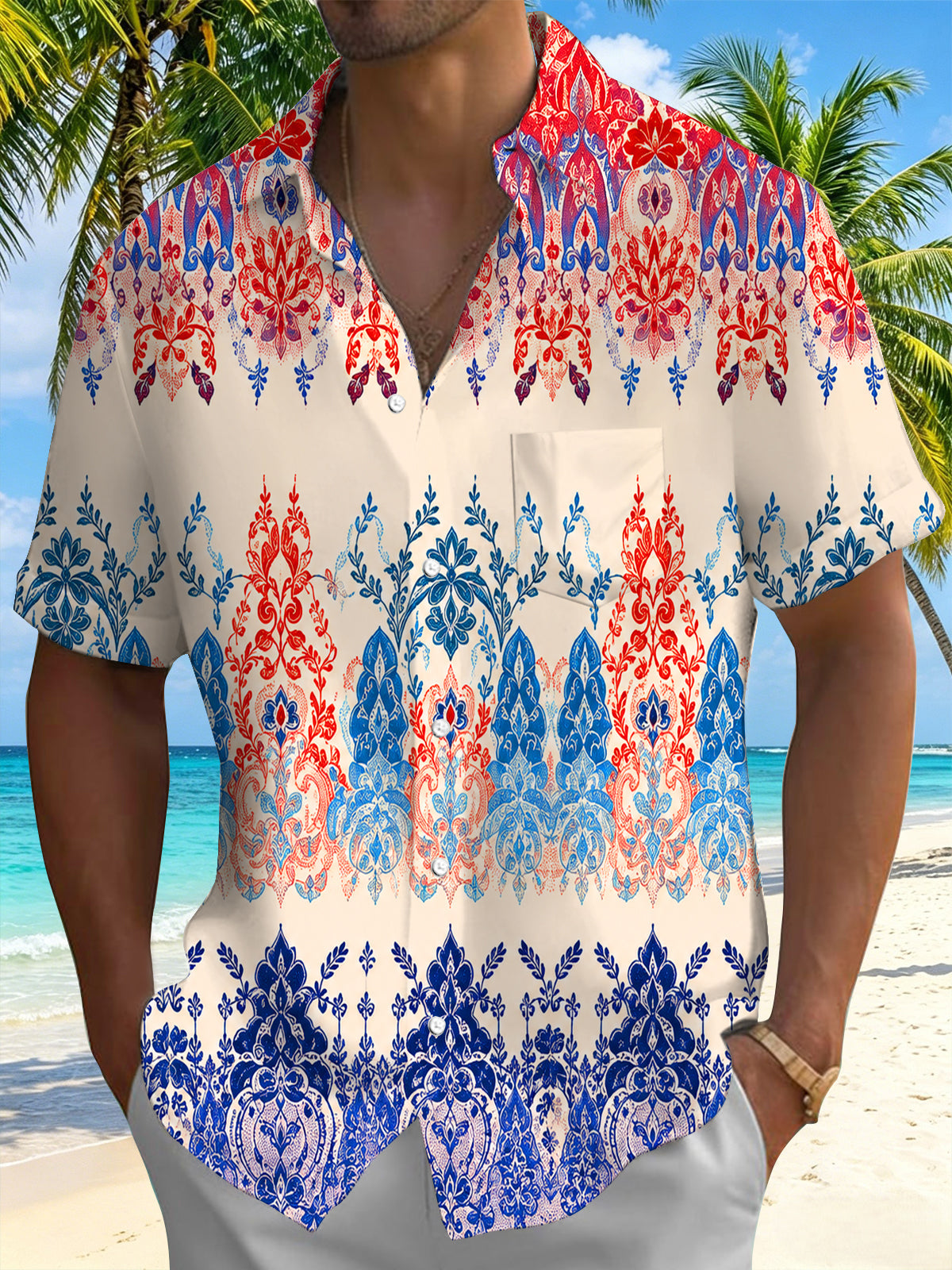 Paisley Retro Floral Ethnic Totem Geometric Men's Pocket Short Sleeve Shirts