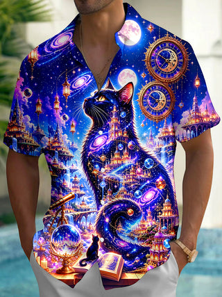 Adaychic Men's Graphic 3D Fantasy Cat Space Castle Print Short Sleeve Button Down Shirt with Chest Pocket