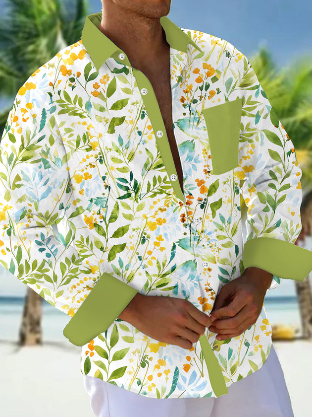 Art Fresh Leafy Floral Men's Pocket Long Sleeve Shirts