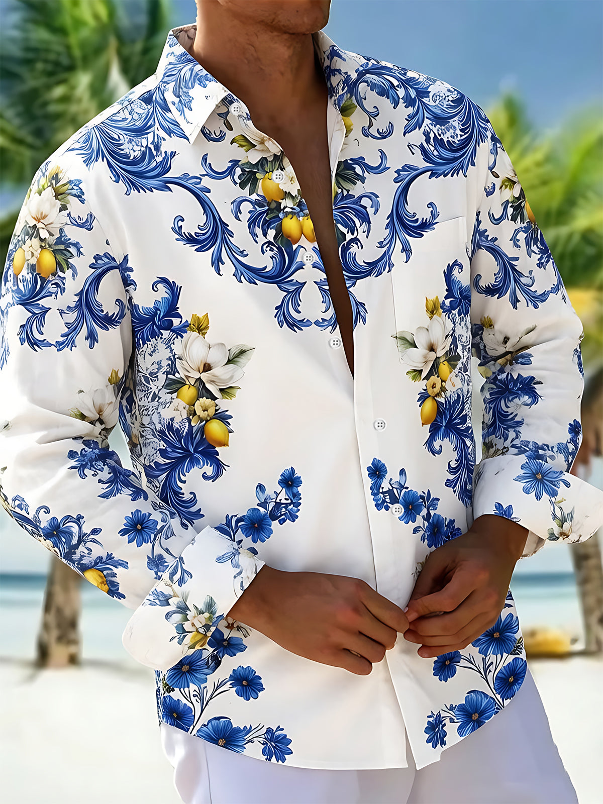 Adaychic Men's Blue Floral Lemon Print Long Sleeve Button Down Shirt with Chest Pocket
