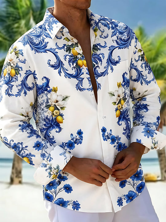 Art Blue And White Porcelain Scroll Floral Lemon Men's Pocket Long Sleeve Shirts