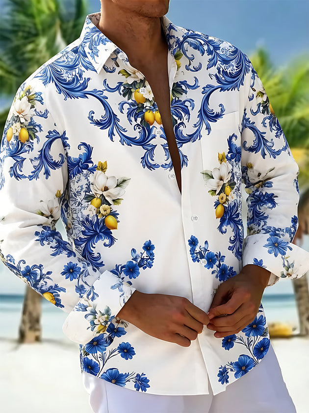 Art Blue And White Porcelain Scroll Floral Lemon Men's Pocket Long Sleeve Shirts