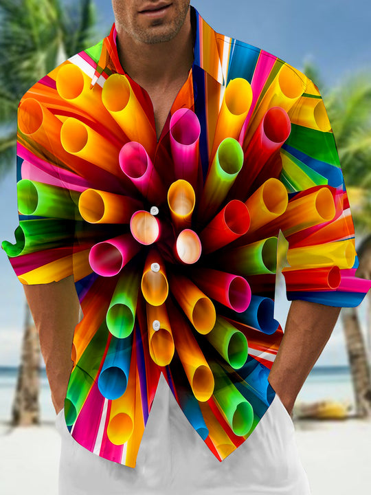 Colorful 3D Cylindrical Straw Geometric Optical Illusion Men's Pocket Long Sleeve Shirts