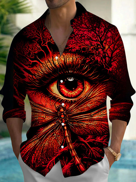 Dark Tree Texture Magic Eye Dragonfly Art Men's Pocket Long Sleeve Shirts