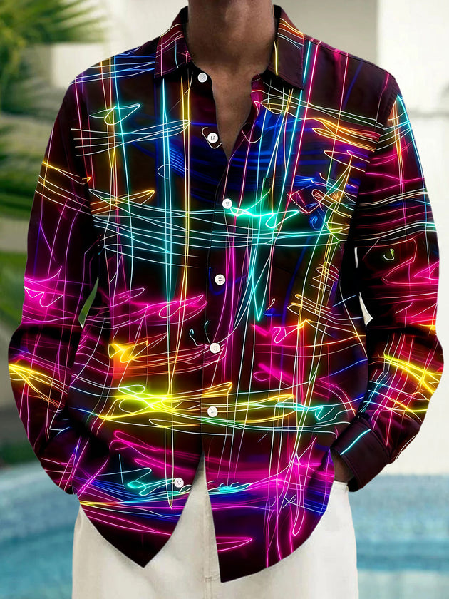 Neon Colorful Interlaced Line Cyber Abstract Geometry Men's Pocket Long Sleeve Shirts