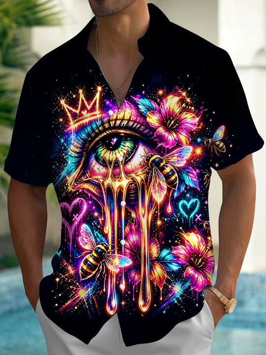 Dark Neon Colorful Gilded Magic Eye Bee Tropical Floral Men's Pocket Short Sleeve Shirts