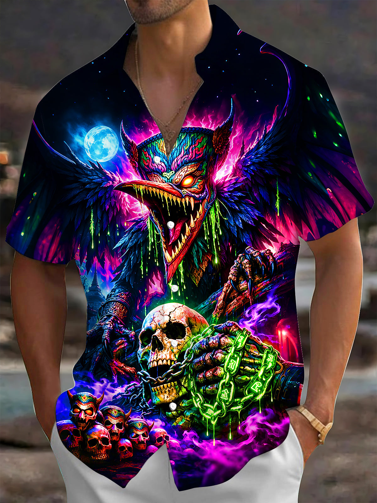 Dark Punk Divine Bird Skull Chain Fluorescent Graffiti Men's Pocket Short Sleeve Shirts