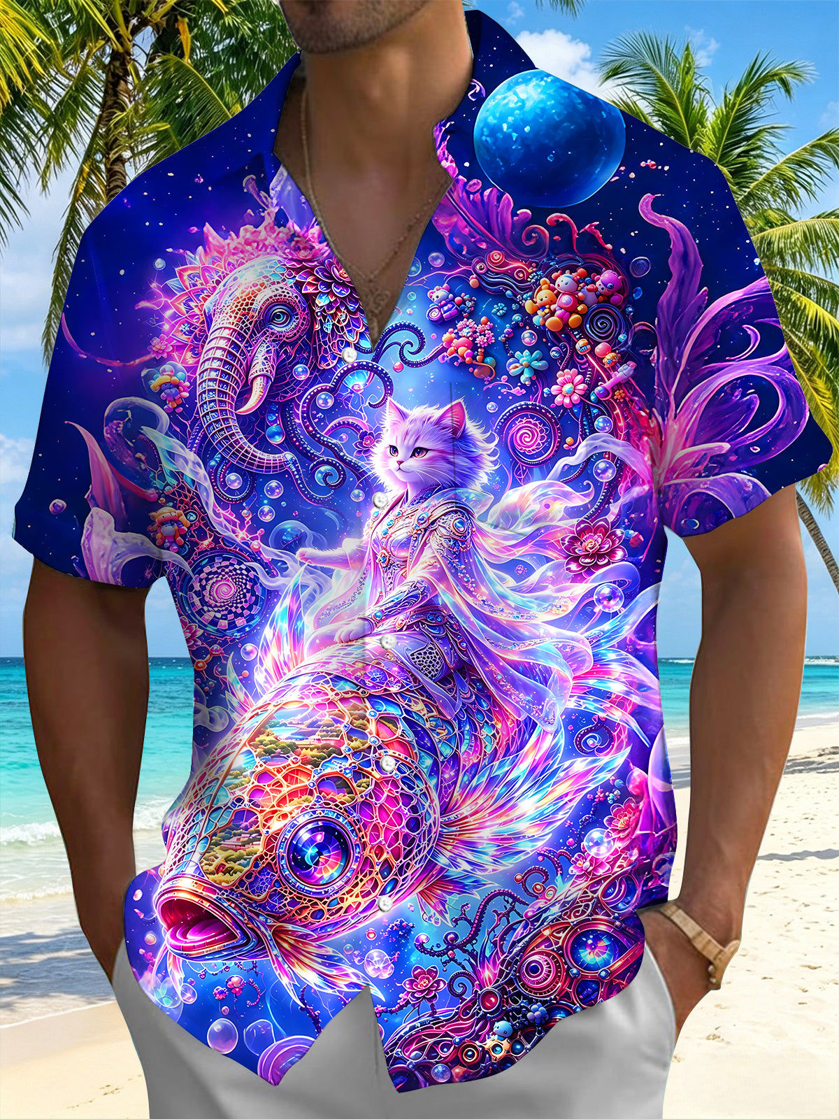 Adaychic Men's Graphic Abstract Psychedelic Cat Fish Fantasy Print Short Sleeve Button Down Shirt with Chest Pocket