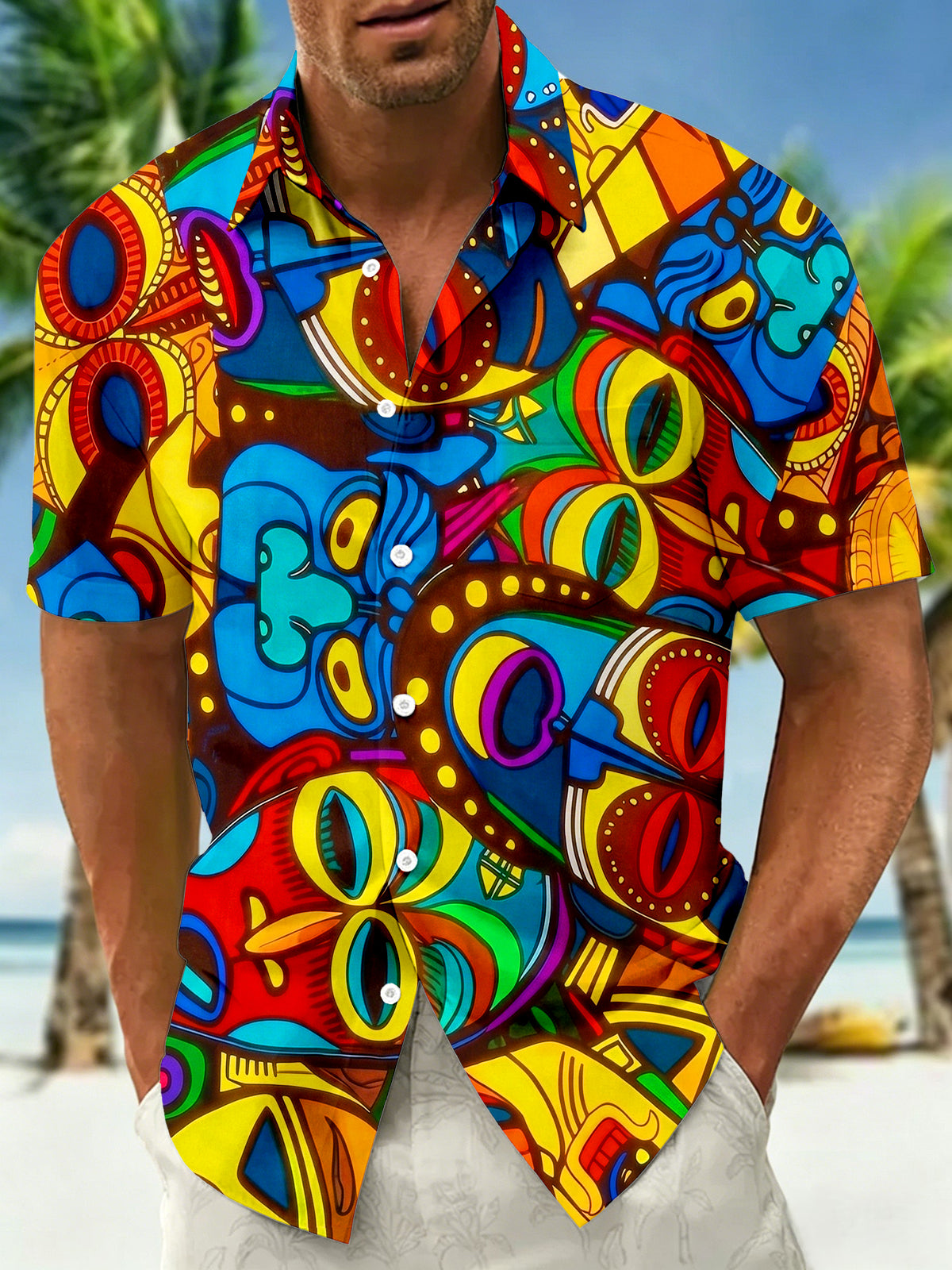 Adaychic Men's Graphic Abstract Geometric Pattern Print Short Sleeve Button Down Shirt with Chest Pocket