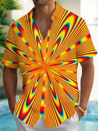 Adaychic Men's Graphic Abstract Psychedelic Radiating Line Print Short Sleeve Button Down Shirt with Chest Pocket