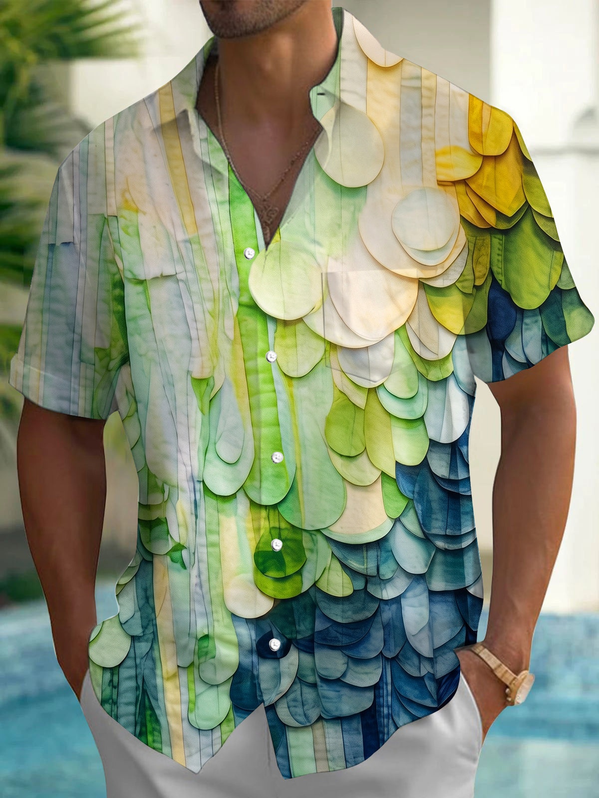 Adaychic Men's Graphic 3D Abstract Layered Scale Print Short Sleeve Button Down Shirt with Chest Pocket
