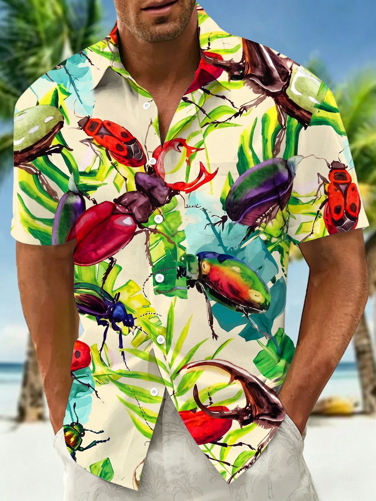 Adaychic Men's Hawaiian Tropical Beetle Leaf Print Short Sleeve Button Down Shirt with Chest Pocket