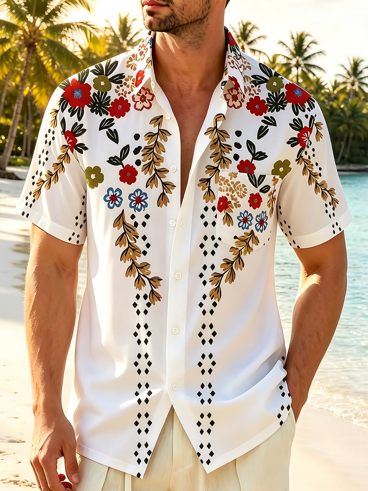 Hawaiian Floral Branch Diamond Dot Geometry Men's Pocket Short Sleeve Shirts