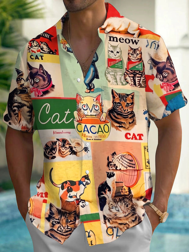 Retro Multi-Grid Collage Fun Cat Poster Text Men's Pocket Short Sleeve Shirts