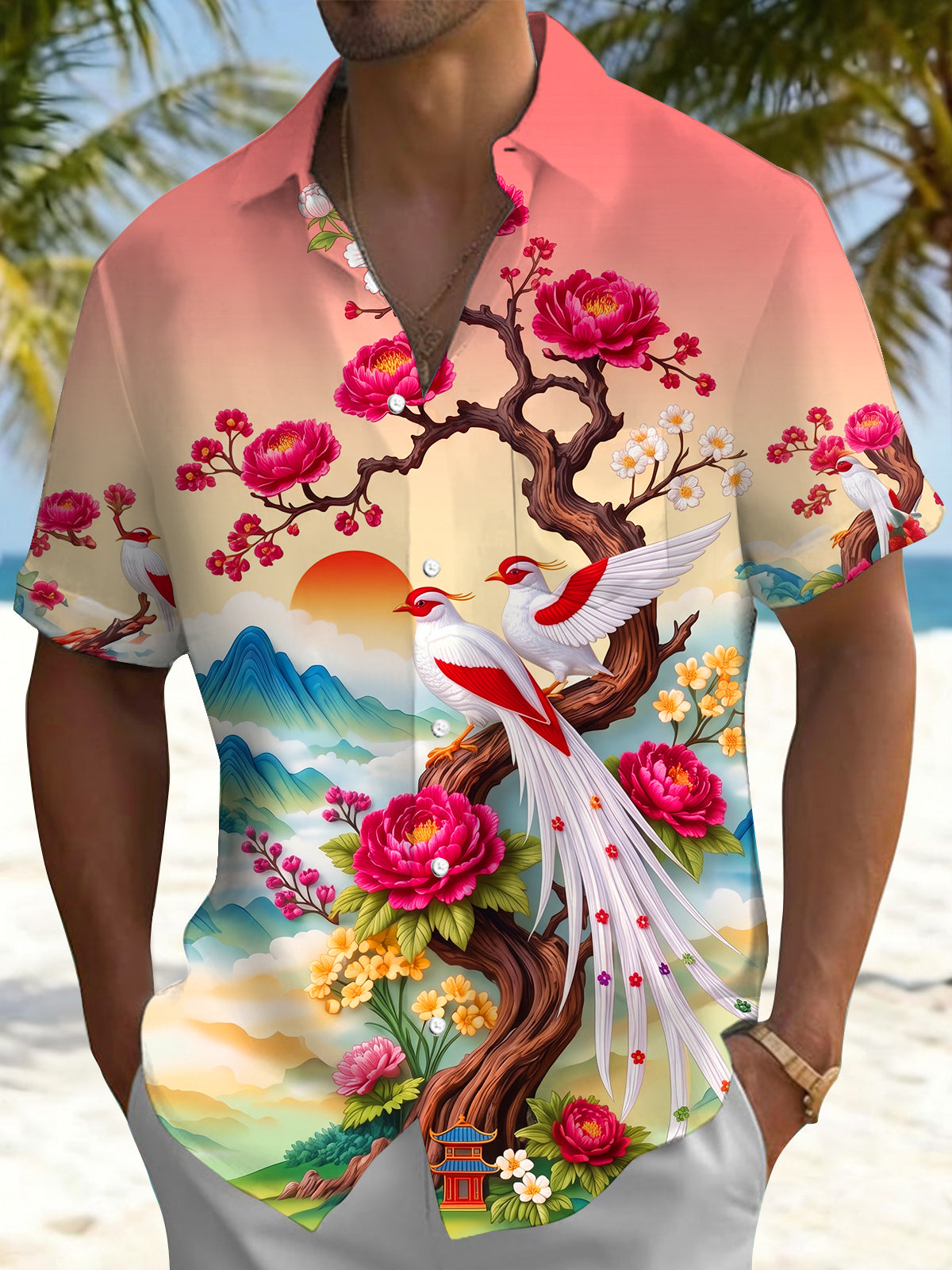 Adaychic Men's Graphic Asian Bird Floral Landscape Print Short Sleeve Button Down Shirt with Chest Pocket
