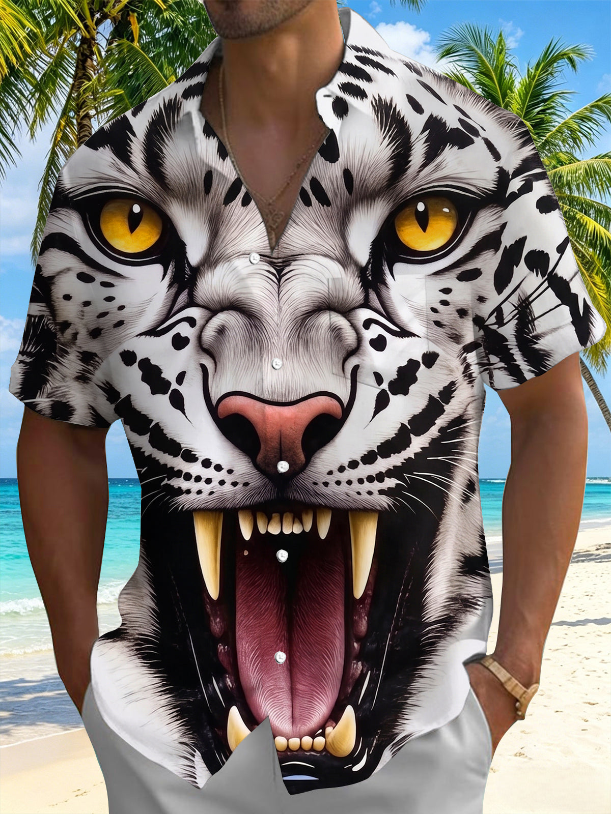 Adaychic Men's Graphic 3D White Tiger Face Print Short Sleeve Button Down Shirt with Chest Pocket