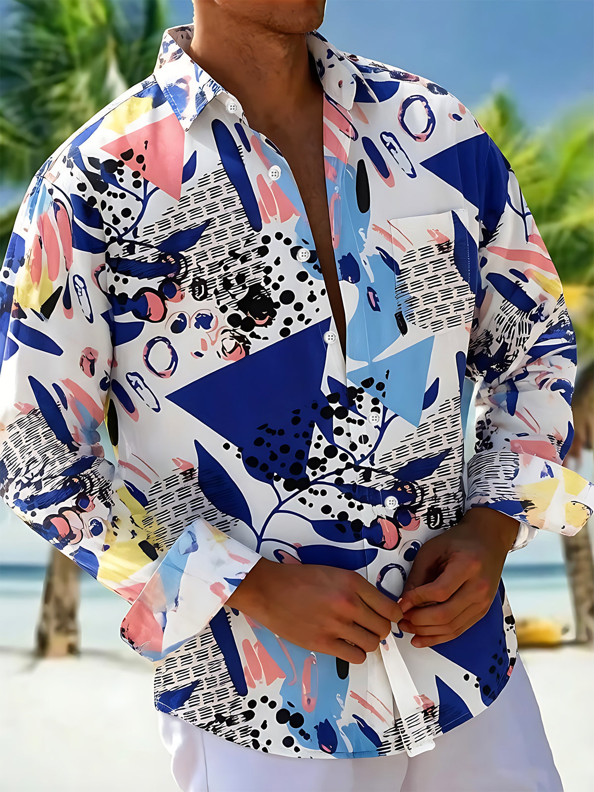 Adaychic Men's Abstract Geometric Brushstroke Print Long Sleeve Button Down Shirt with Chest Pocket