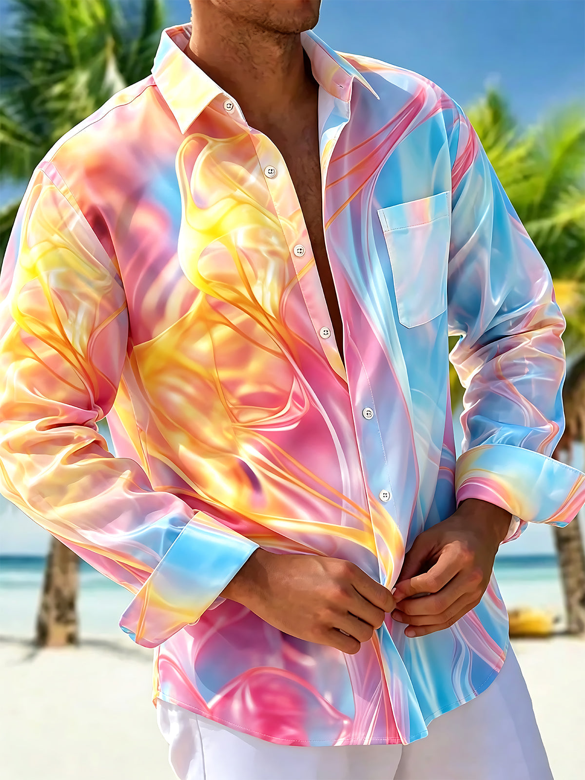 Iridescent Colorful Fluid Abstract Gradient Smudge Men's Pocket Long Sleeve Shirts
