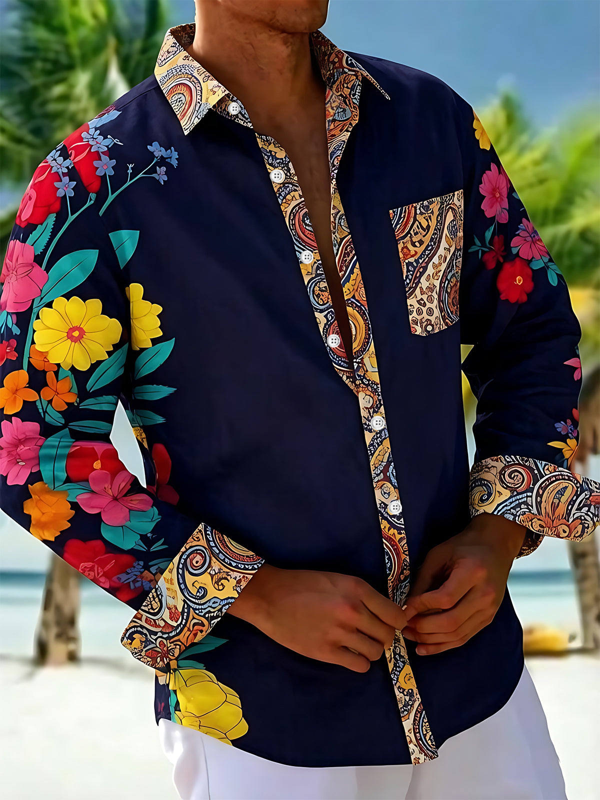 Adaychic Men's Abstract Floral Paisley Contrast Print Long Sleeve Button Down Shirt with Chest Pocket