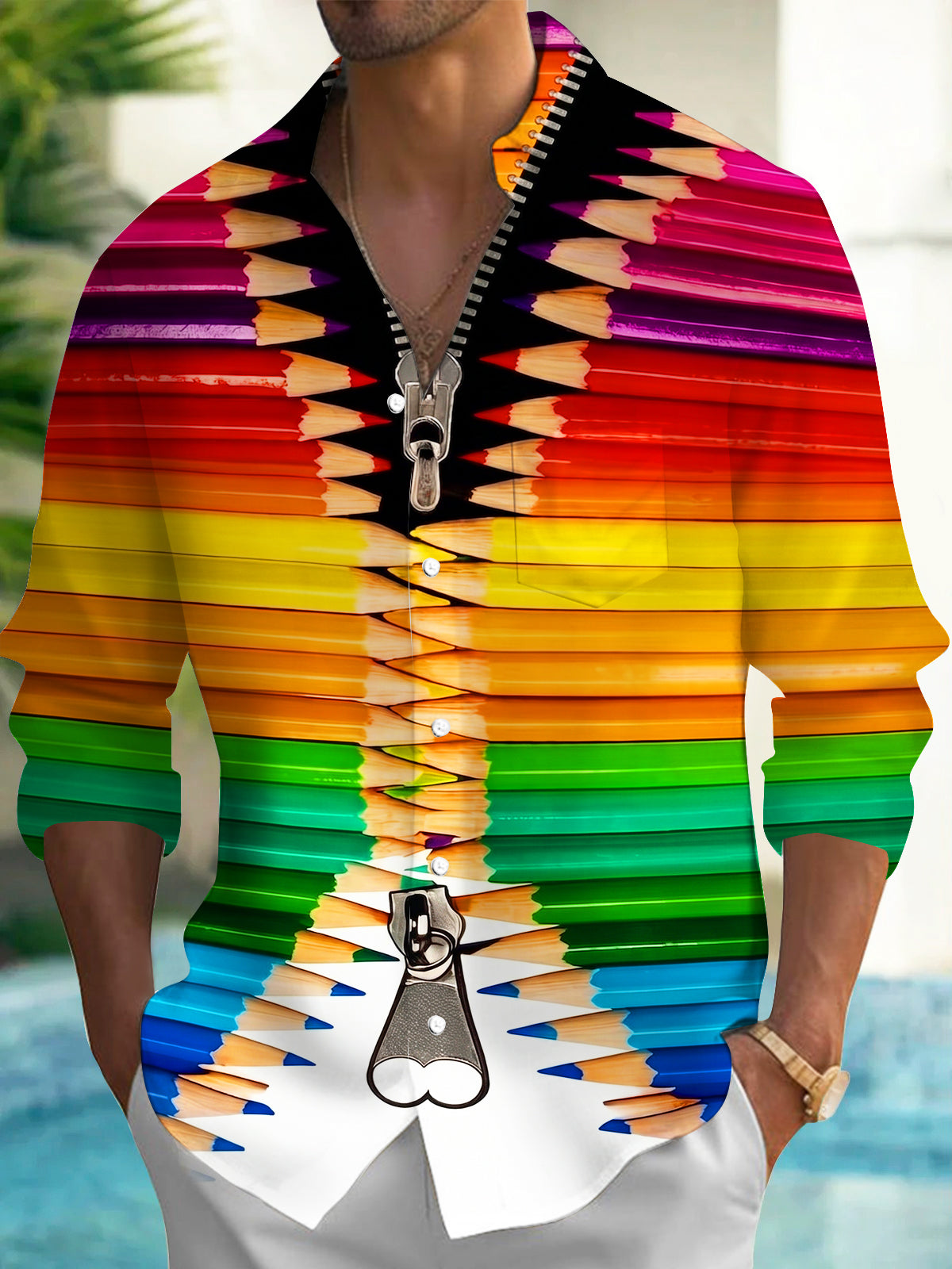 Adaychic Men's 3D Colored Pencil Graphic Print Long Sleeve Button Down Shirt with Chest Pocket