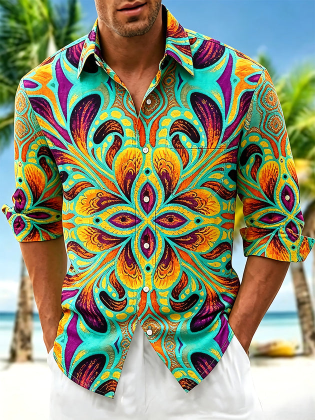 Vintage Mandala Kaleidoscope Pattern Men's Pocket Long Sleeve Shirts