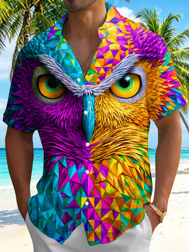 Colorful Geometric Splicing Owl Men's Pocket Short Sleeve Shirts