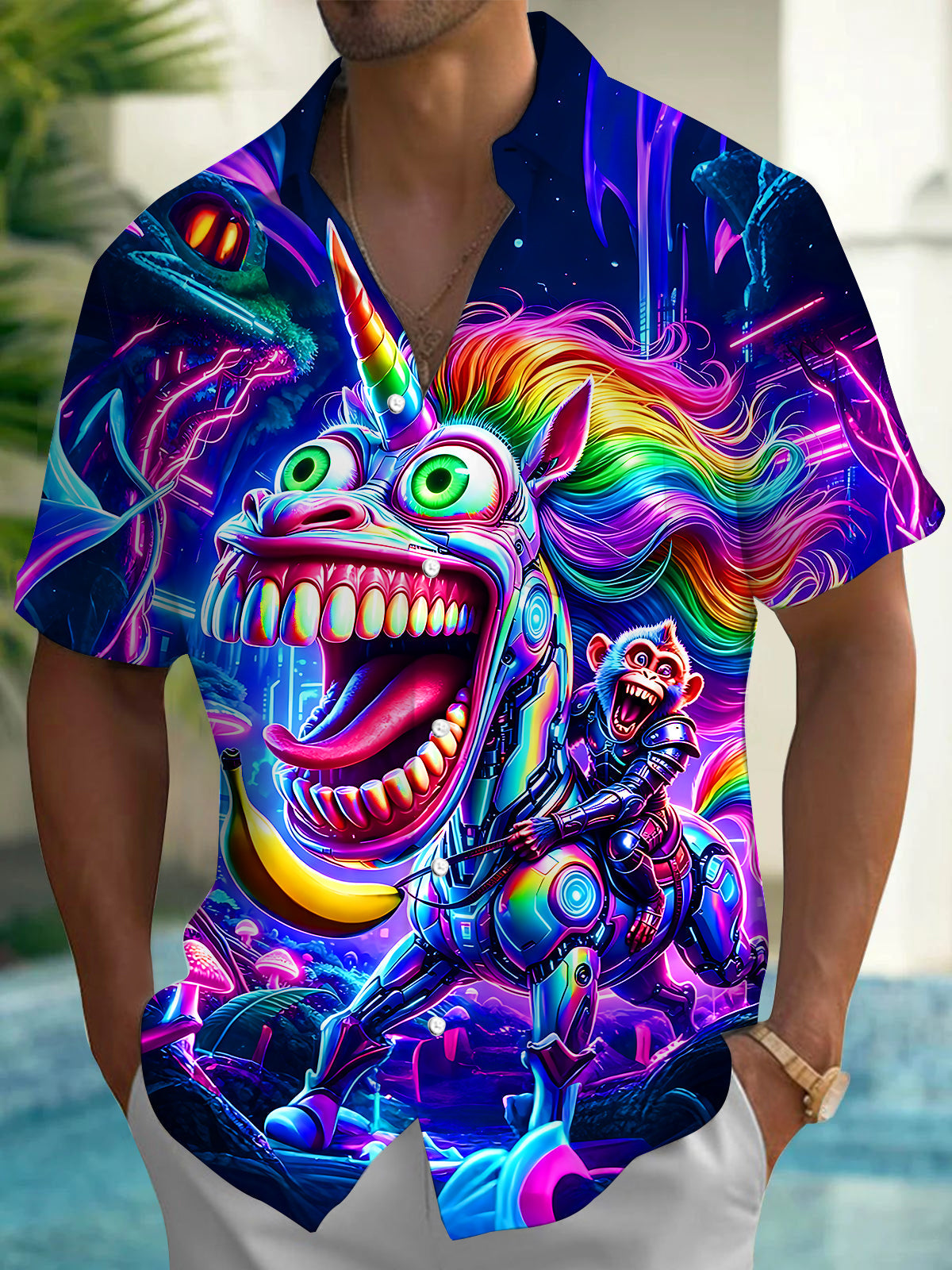 Adaychic Men's 3D Cyberpunk Unicorn Graphic Print Short Sleeve Button Down Shirt with Chest Pocket