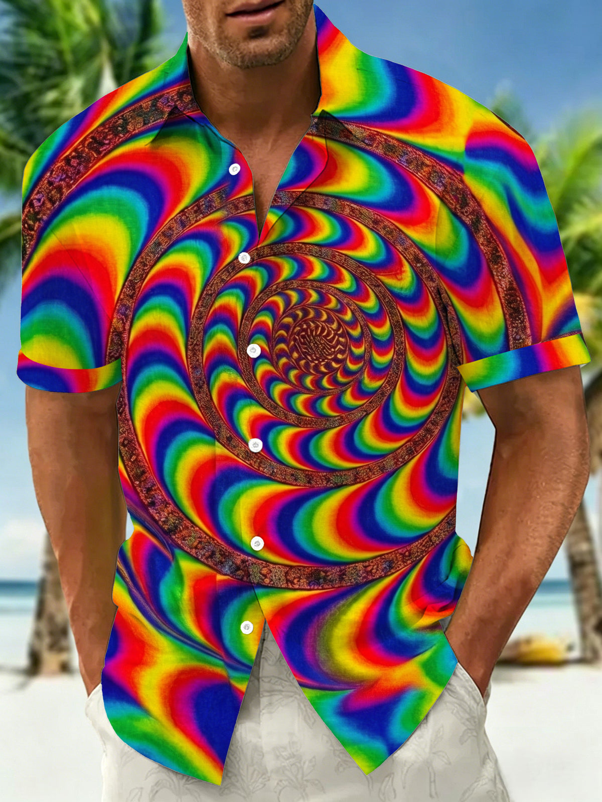 Adaychic Men's Retro Geometric Rainbow Spiral Psychedelic Print Short Sleeve Button Down Shirt with Chest Pocket