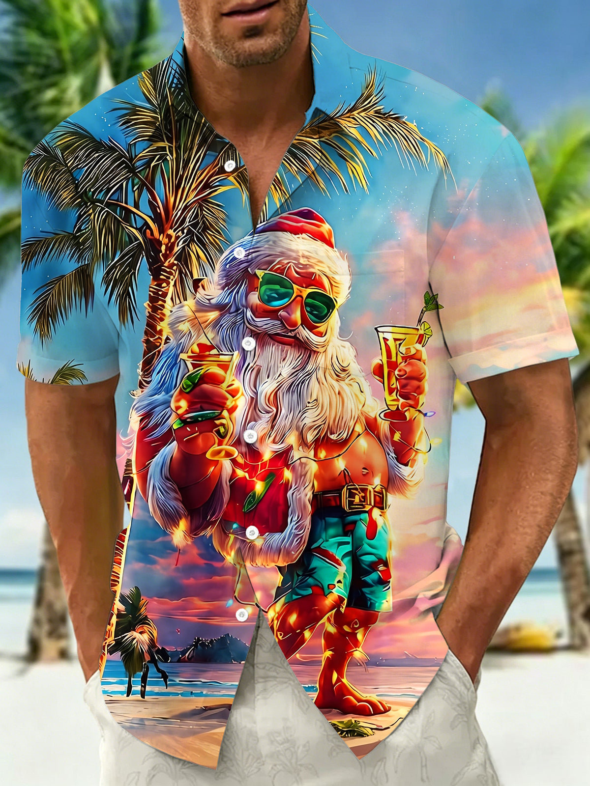 Adaychic Men's Hawaiian Tropical Santa Claus Graphic Print Short Sleeve Button Down Shirt with Chest Pocket