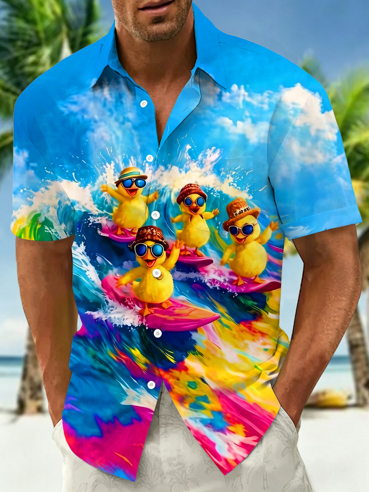 Adaychic Men's Hawaiian Tropical Surfing Chicks Graphic Print Short Sleeve Button Down Shirt with Chest Pocket