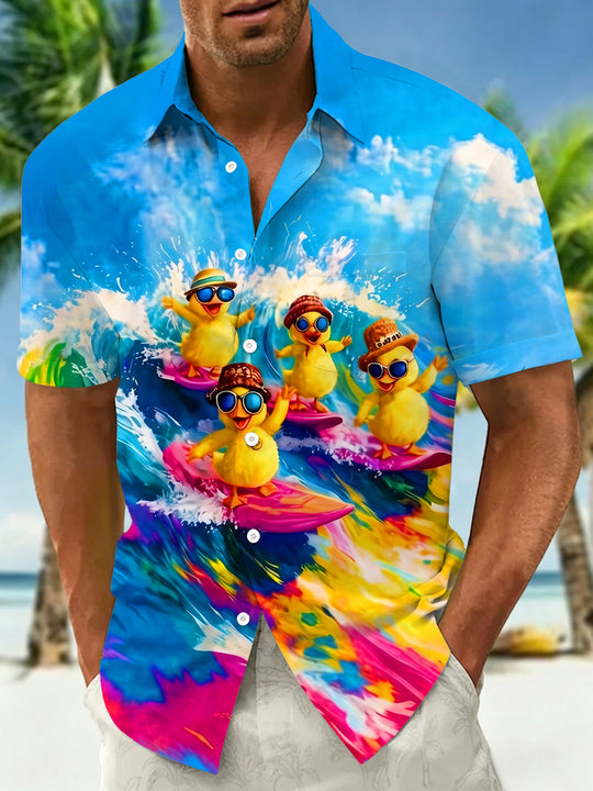 Fun Surfing Little Yellow Duck Wave Blue Sky White Cloud Men's Pocket Short Sleeve Shirts