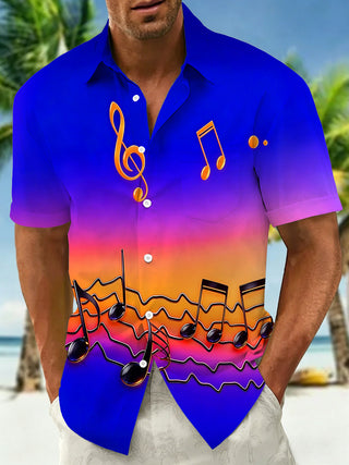 Adaychic Men's Graphic 3D Gradient Musical Note Print Short Sleeve Button Down Shirt with Chest Pocket