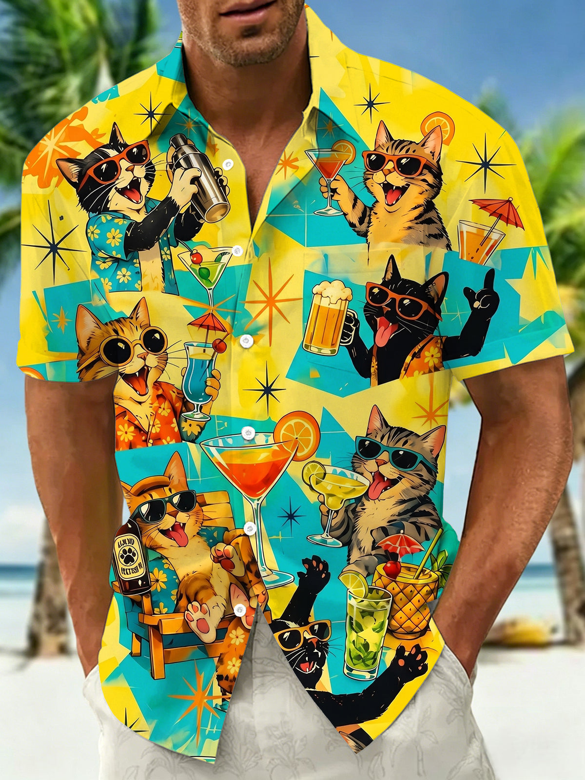 Adaychic Men's Graphic Retro Cat Cocktail Party Print Short Sleeve Button Down Shirt with Chest Pocket