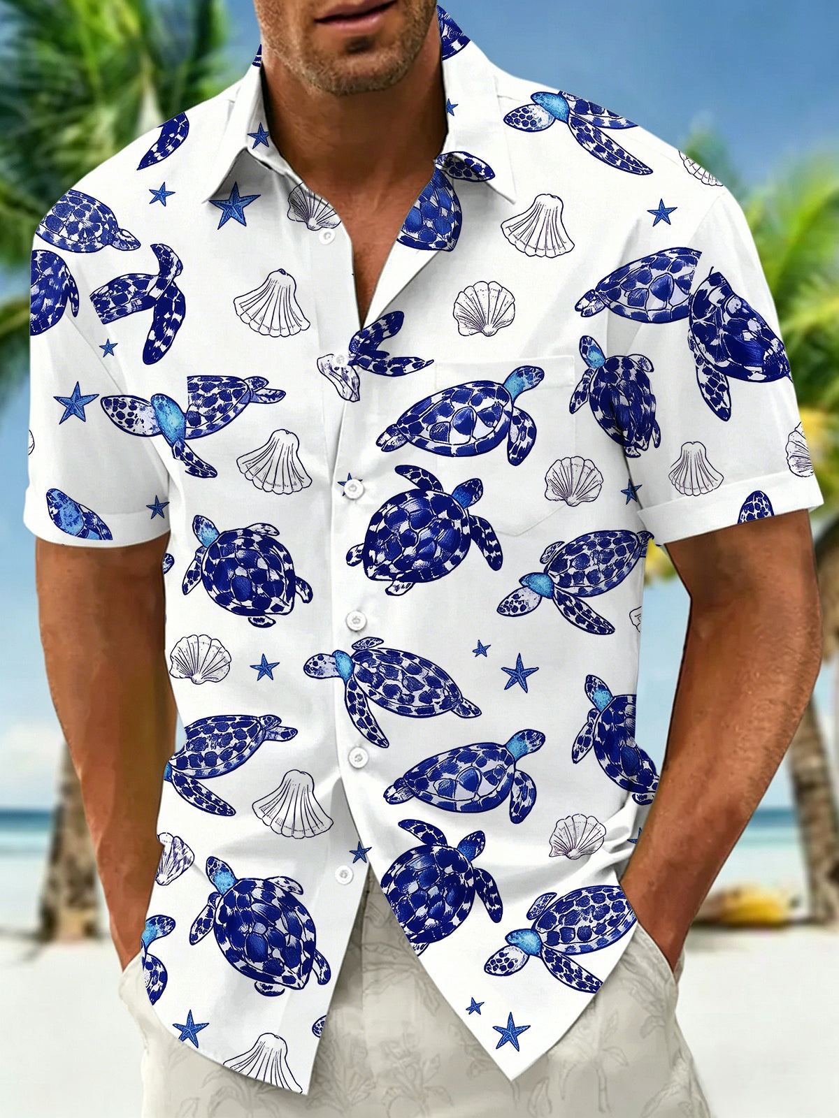 Turtle Starfish Shell Ocean Men's Pocket Short Sleeve Shirts