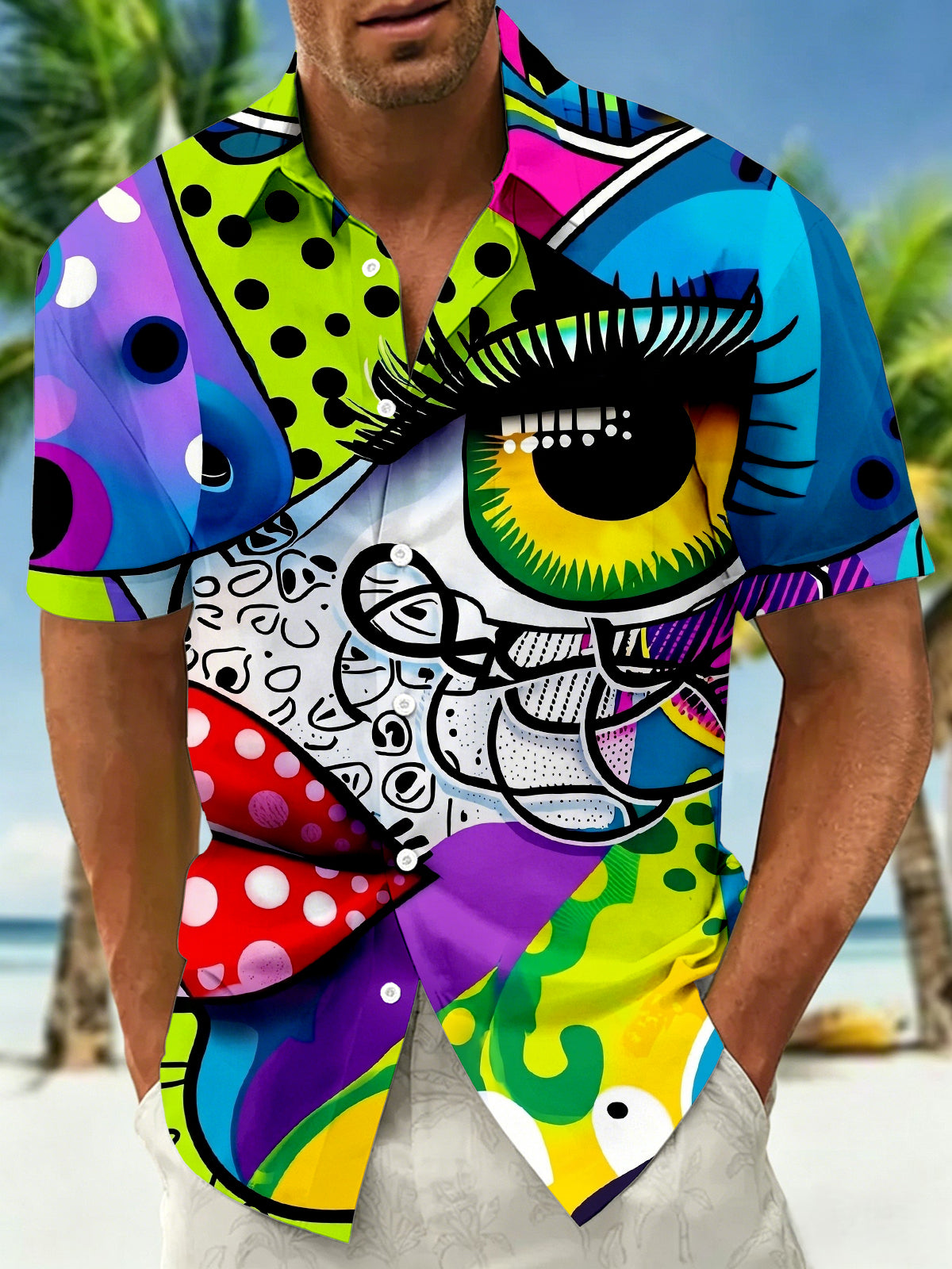 Adaychic Men's Graphic Abstract Pop Art Skull Eye Print Short Sleeve Button Down Shirt with Chest Pocket