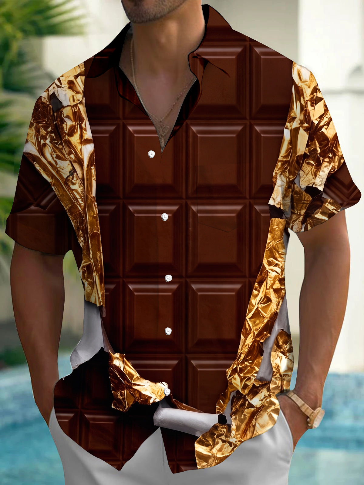 Chocolate Square Gold Foil Tear Creative Men's Pocket Short Sleeve Shirts