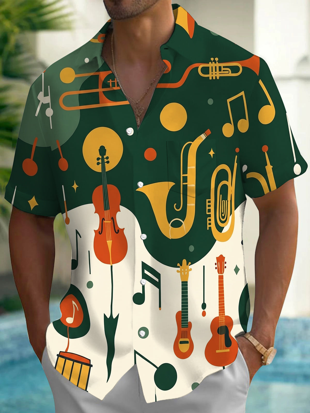 Adaychic Men's Green Graphic Musical Instruments Pattern Print Short Sleeve Button Down Shirt with Chest Pocket