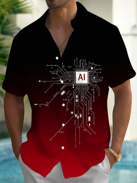Gradient AI Chip Circuit Board Tech Style Men's Pocket Short Sleeve Shirts