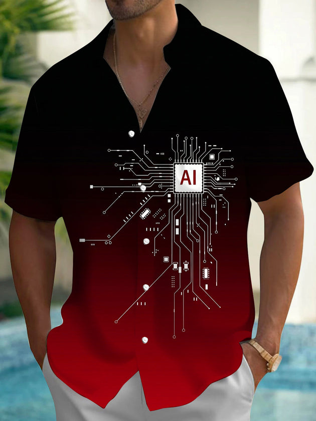 Gradient AI Chip Circuit Board Tech Style Men's Pocket Short Sleeve Shirts